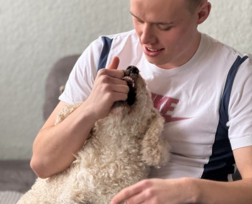 Diese Szene fängt eine herzerwärmende und spielerische Interaktion zwischen dem Mann und seinem Hund ein und unterstreicht eine echte Bindung zwischen ihnen. Die ungezwungene Umgebung mit dem Mann in weißem Hemd und Jeans trägt zur entspannten Atmosphäre dieses offenen Moments bei. Es scheint, als würden beide die Gesellschaft des anderen genießen, was ein liebenswertes Bild schafft, das Zuneigung und Kameradschaft widerspiegelt, ähnlich wie Szenen, in denen man Persönlichkeiten in ähnlichen Situationen mit ihren Haustieren sehen könnte.