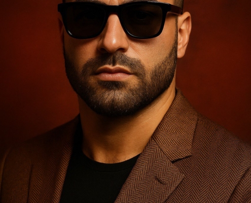 Callboy Dahro steht selbstbewusst vor einem tief rotbraunen Hintergrund. Sein kurzes dunkles Haar ist ordentlich frisiert, und sein gestutzter Bart trägt zu seinem scharfen Aussehen bei. Er trägt eine auffällige schwarze Sonnenbrille, die ihm einen Hauch von Geheimnis verleiht. Seine braune, strukturierte Anzugsjacke strahlt Raffinesse aus und wird durch ein klassisches schwarzes Hemd darunter ergänzt. Der Gesamteindruck ist der einer kühlen Gelassenheit und modernen Eleganz vor einem stimmungsvollen Hintergrund.